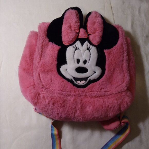 Disney Store Minnie Mouse Fuzzy Pink Backpack - Picture 1 of 11